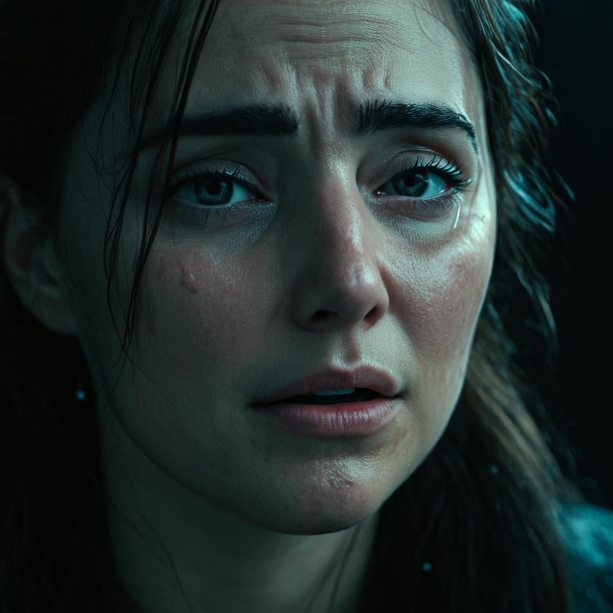 cinematic film still of  <lora:hon3y2 v2:1> hon3y2 <lora:eyetune:0.1><lora:perfection style:0.1><lora:detailed:0.1>teary crying facial expression of a woman with tears on her face and eyes, movie themed, sharp, detailed skin, epic cinematic photography, artistic, creative, wrinkly face, dramatic lighting style, cinematic color style, Kodak film style, skin pore, emotional style, gustier style, facial expression style, teary crying facial style, 1girl, solo, jewelry, closed mouth, monochrome, greyscale, sweat, earrings, tears, lips, crying, portrait, realistic, long hair, looking at viewer, parted lips, crying with eyes open, horror (theme), pillarboxed, shallow depth of field, vignette, highly detailed, high budget, bokeh, cinemascope, moody, epic, gorgeous, film grain, grainy