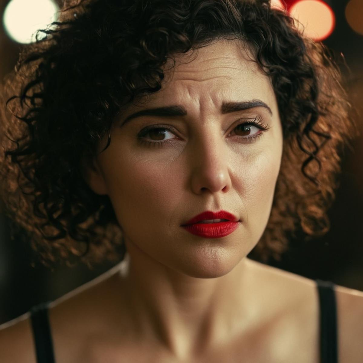 cinematic film still of  <lora:hon3y2 v2:1> hon3y2 <lora:eyetune:0.1><lora:perfection style:0.1><lora:detailed:0.1>sad facial expression of a sad messy curly hair milf woman with a red lipstick looks off to the side, movie themed, sharp, detailed skin, epic cinematic photography, artistic, creative, wrinkly face, dramatic lighting style, cinematic color style, Kodak film style, skin pore, emotional style, gustier style, facial expression style, sad facial style, 1girl, solo, black hair, closed mouth, collarbone, blurry, lips, messy hair, portrait, realistic, curly hair, photorealistic, shallow depth of field, vignette, highly detailed, high budget, bokeh, cinemascope, moody, epic, gorgeous, film grain, grainy