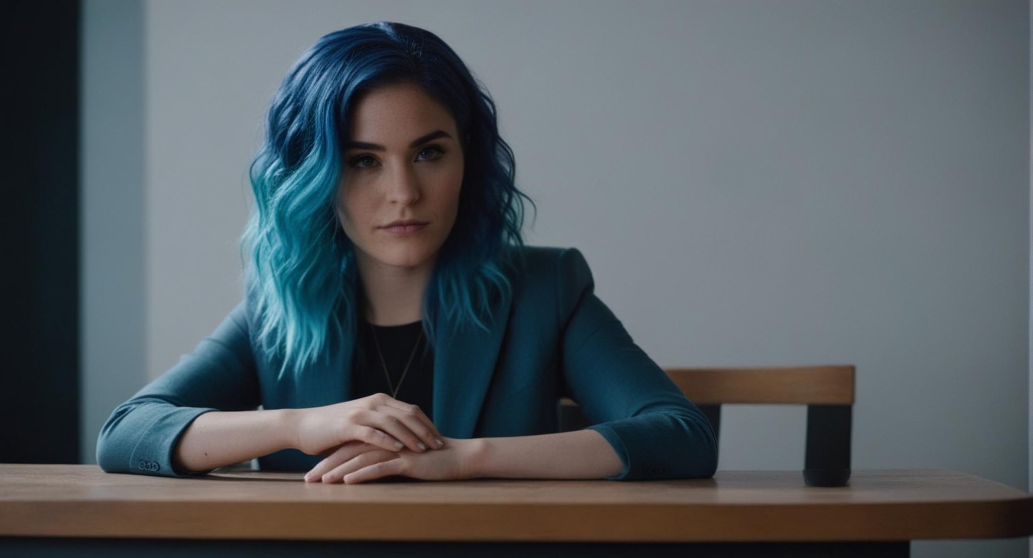 cinematic film still of  <lora:Krissy Lynn:1> <lora:Cinematic Film:1>woman with blue hair sitting at a table Cinematic Film Style, shallow depth of field, vignette, highly detailed, high budget, bokeh, cinemascope, moody, epic, gorgeous, film grain, grainy