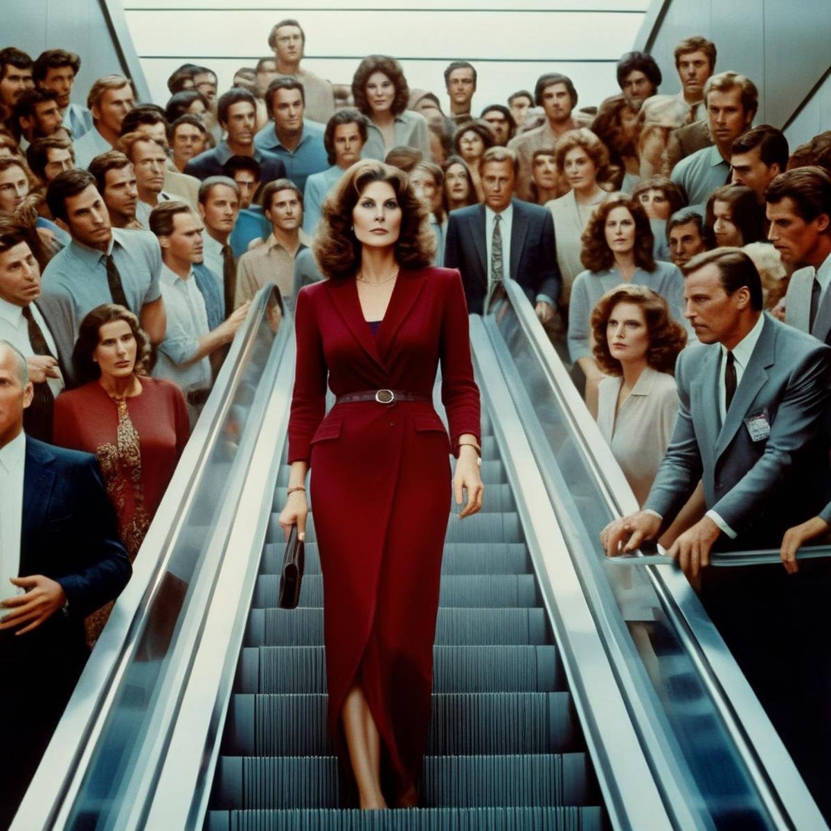 Hyperrealistic art of  <lora:Kay Parker:1>Kay ParkerPerfect Detailed Innocent Looking EpicEpic Creative Scene a woman standing in an escalator with a crowd of people Cinematic Hollywood Film Style <lora:Cinematic Hollywood Film:1>, Extremely high-resolution details, photographic, realism pushed to extreme, fine texture, incredibly lifelike