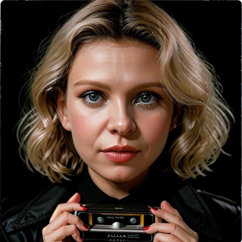 Hyperrealistic art of  <lora:Julia Larot:1.5>Julia Larot a blonde woman with a black shirt and a black jacket posing on an old vhs video tape quality vintage Glamour Photography, Extremely high-resolution details, photographic, realism pushed to extreme, fine texture, incredibly lifelike