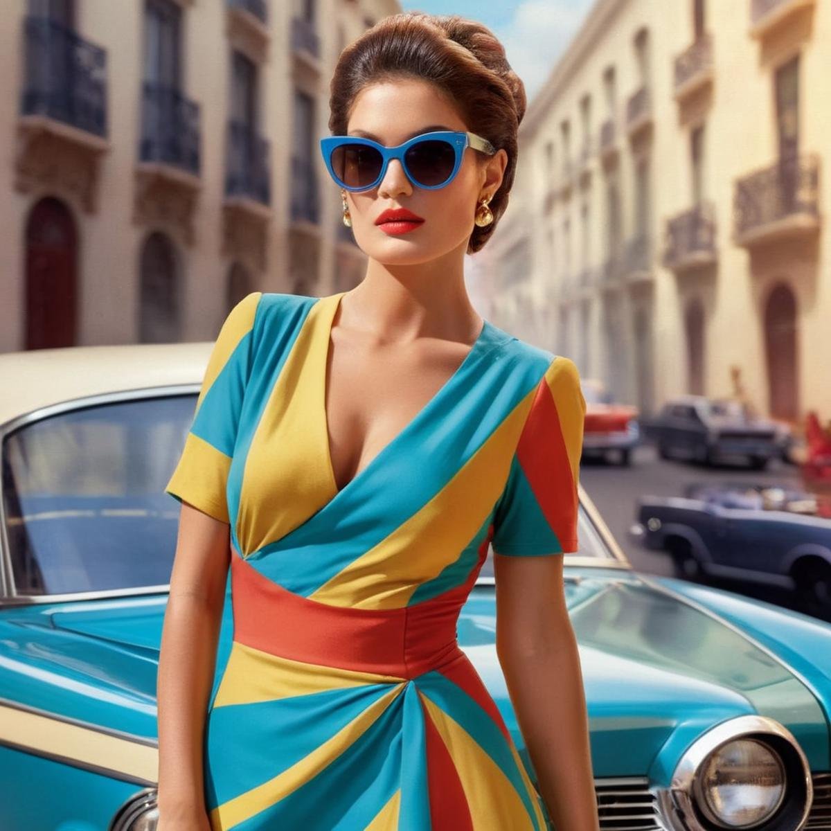 Hyperrealistic art of  <lora:Anna Ventura:1.2> Anna VenturaPerfect Detailed Innocent Looking Epica woman in a colorful dress and sunglasses retro style <lora:Retro:1>, Extremely high-resolution details, photographic, realism pushed to extreme, fine texture, incredibly lifelike