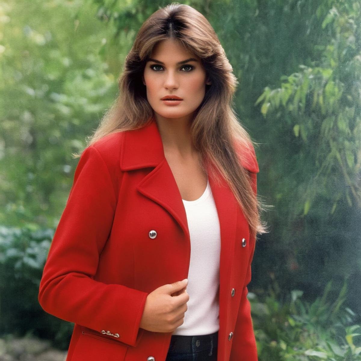 Hyperrealistic art of  <lora:Anna Ventura:1.2> Anna VenturaPerfect Detailed Innocent Looking Epica woman with long hair and a red jacket retro style <lora:Retro:1>, Extremely high-resolution details, photographic, realism pushed to extreme, fine texture, incredibly lifelike