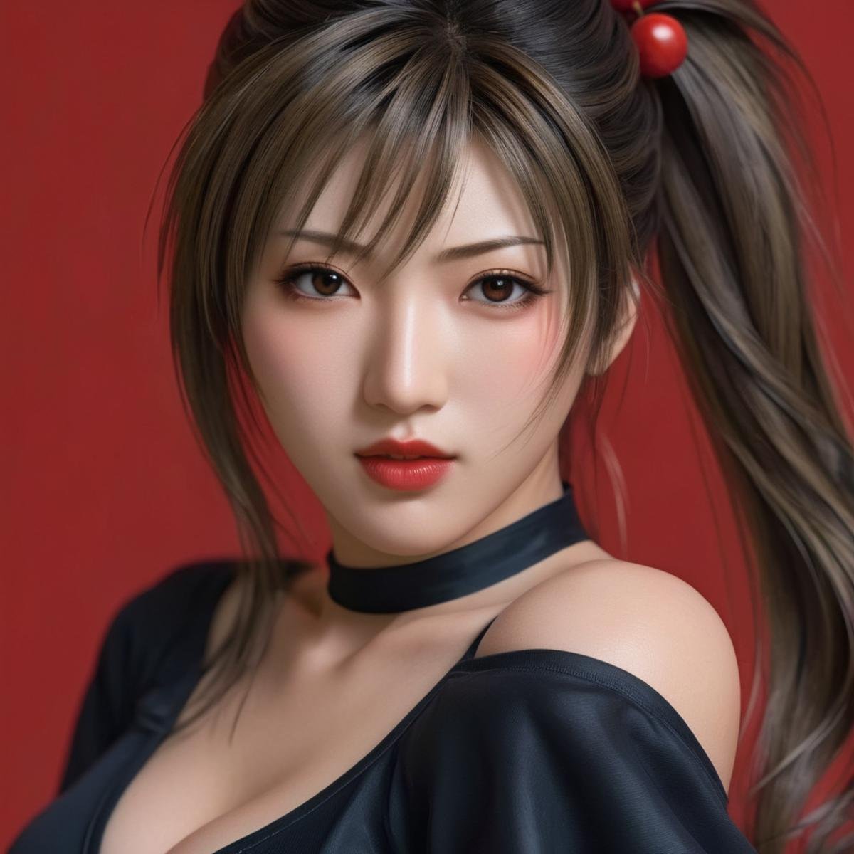 Hyperrealistic art of <lora:Mai Shiranui:1> Mai Shiranuia hot woman with red lipstick in a black dress posing for a picture Hyperrealism Style, Extremely high-resolution details, photographic, realism pushed to extreme, fine texture, incredibly lifelike