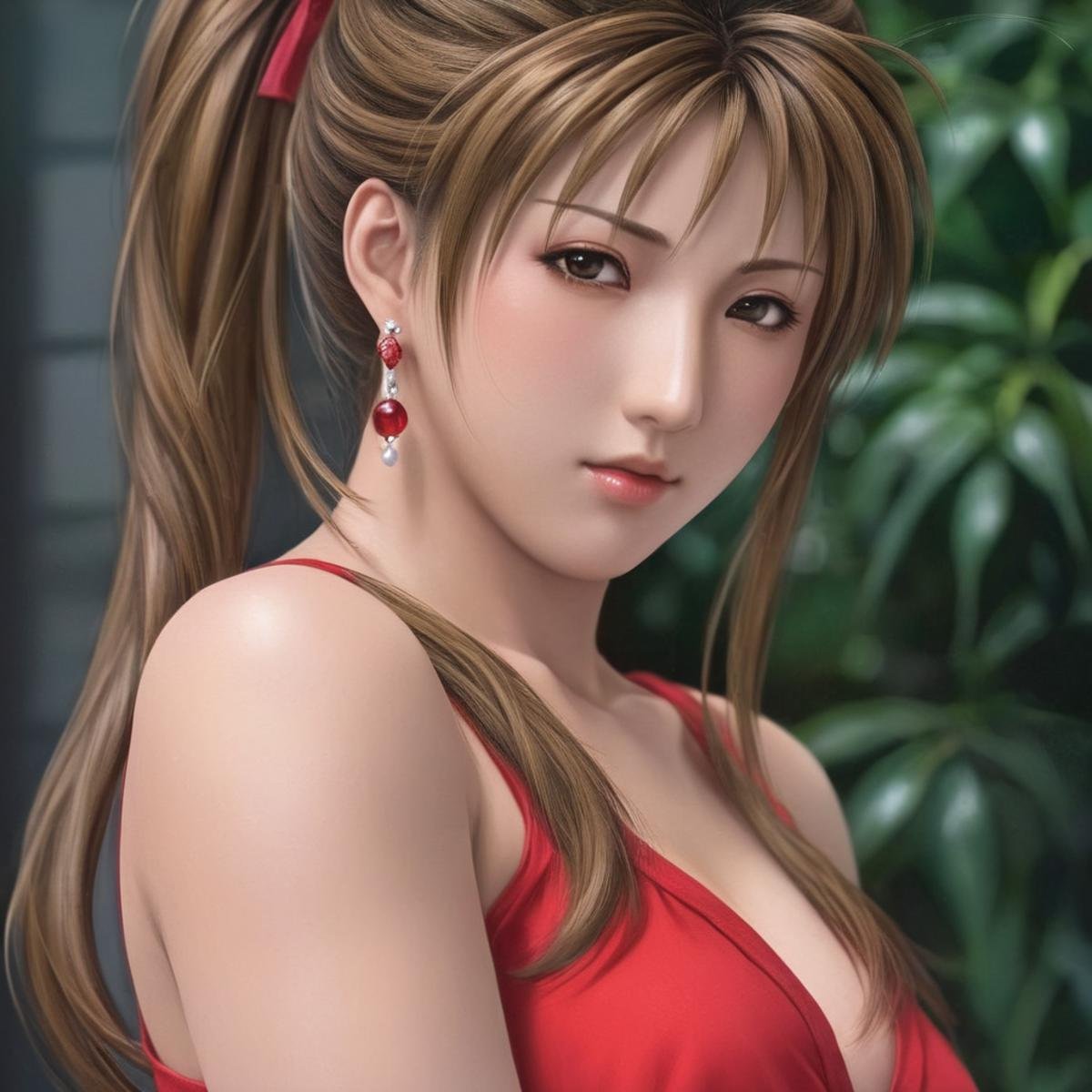 Hyperrealistic art of <lora:Mai Shiranui:1.2> Mai_Shiranui:0.5a woman with a red dress and earrings Hyperrealism Style, Extremely high-resolution details, photographic, realism pushed to extreme, fine texture, incredibly lifelike