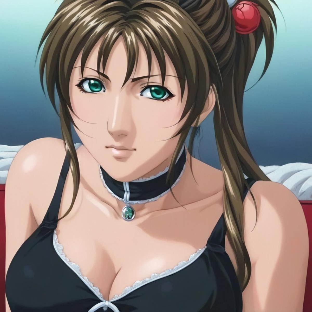 anime artwork of <lora:Mai Shiranui:1.2> Mai_Shiranui:0.5a woman in a black dress and deep black eyes looking at the camera Hyperrealism Style, anime style, key visual, vibrant, studio anime,  highly detailed