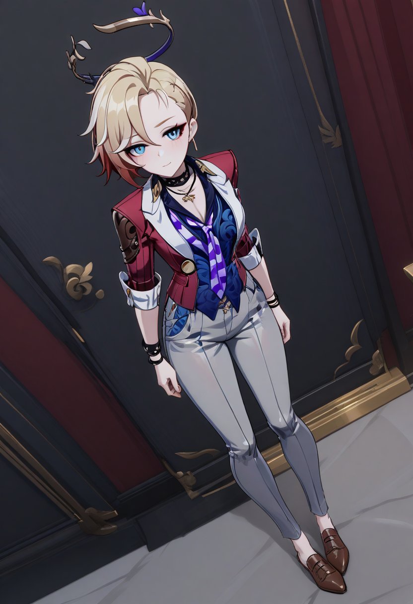 /Siobhan/,halo, choker, bracelet, shoes,blonde hair, red clothes, purple tie, gray trousers, brown leather shoes,