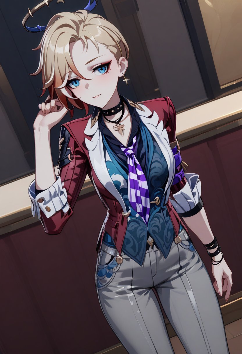 /Siobhan/,halo, choker, bracelet, shoes,blonde hair, red clothes, purple tie, gray trousers, brown leather shoes,