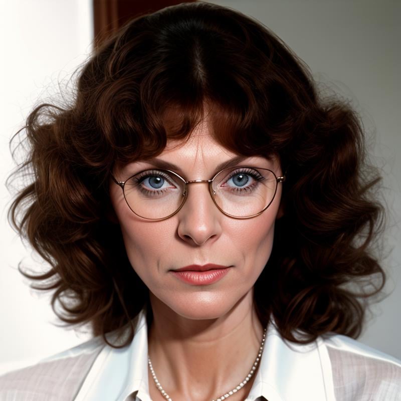 Hyperrealistic art of  <lora:Kay Parker SD1.5:1.2> Kay Parker a woman with glasses and a white shirt retro style, Extremely high-resolution details, photographic, realism pushed to extreme, fine texture, incredibly lifelike