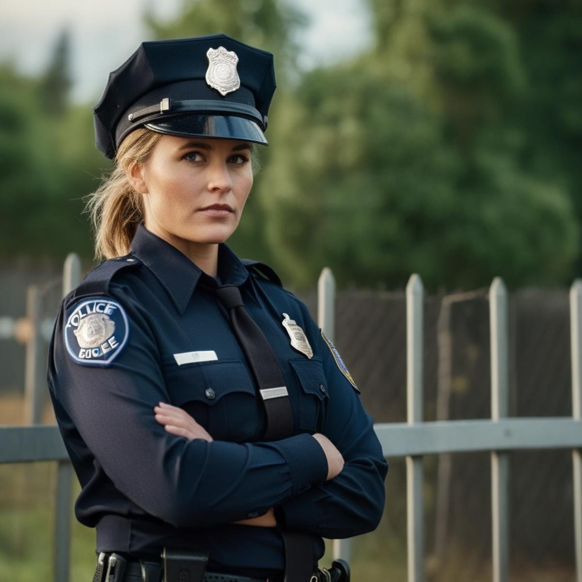 cinematic film still of <lora:Krissy Lynn-000002:1> <lora:Cinematic Film:1>a woman in a police uniform standing next to a fence Cinematic Film Style, shallow depth of field, vignette, highly detailed, high budget, bokeh, cinemascope, moody, epic, gorgeous, film grain, grainy