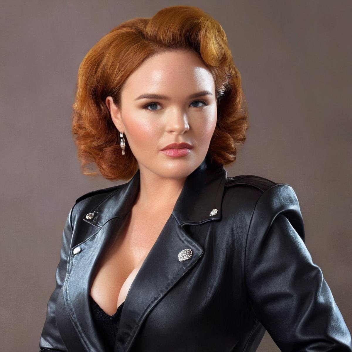 Hyperrealistic art of <lora:Krissy Lynn-000002:1> Krissy LynnPerfect Detailed Innocent Looking Epica woman with a black jacket and earrings retro style <lora:Retro:1> , Extremely high-resolution details, photographic, realism pushed to extreme, fine texture, incredibly lifelike