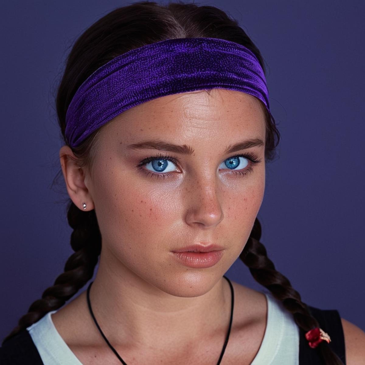 cinematic film still of  <lora:Devon Lee:1> Devon Lee<lora:eyetune:0.1><lora:perfection style:0.1><lora:detailed:0.1>neutral facial expression of a woman with a black top and a purple headband, movie themed, sharp, detailed skin, epic cinematic photography, artistic, creative, wrinkly face, dramatic lighting style, cinematic color style, Kodak film style, skin pore, emotional style, gustier style, facial expression style, neutral facial style, 1girl, solo, looking at viewer, blue eyes, black hair, jewelry, earrings, portrait, realistic, simple background, 1boy, braid, male focus, blood, freckles, photorealistic, sad smile,, shallow depth of field, vignette, highly detailed, high budget, bokeh, cinemascope, moody, epic, gorgeous, film grain, grainy