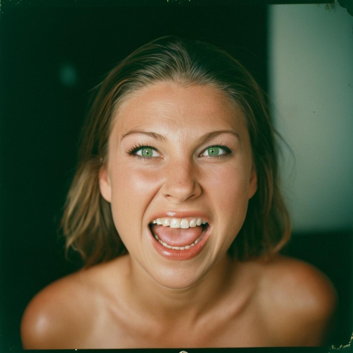 analog film photo of  <lora:Devon Lee:1> Devon Lee<lora:eyetune:0.1><lora:perfection style:0.1><lora:detailed:0.1>angry facial expression of a very angry woman with a very big grin on her face, movie themed, sharp, detailed skin, epic cinematic photography, artistic, creative, wrinkly face, dramatic lighting style, cinematic color style, Kodak film style, skin pore, emotional style, gustier style, facial expression style, angry facial style, solo, looking at viewer, smile, open mouth, brown hair, 1boy, male focus, teeth, clenched teeth, portrait, realistic, green eyes, photorealistic, faded film, desaturated, 35mm photo, grainy, vignette, vintage, Kodachrome, Lomography, stained, highly detailed, found footage