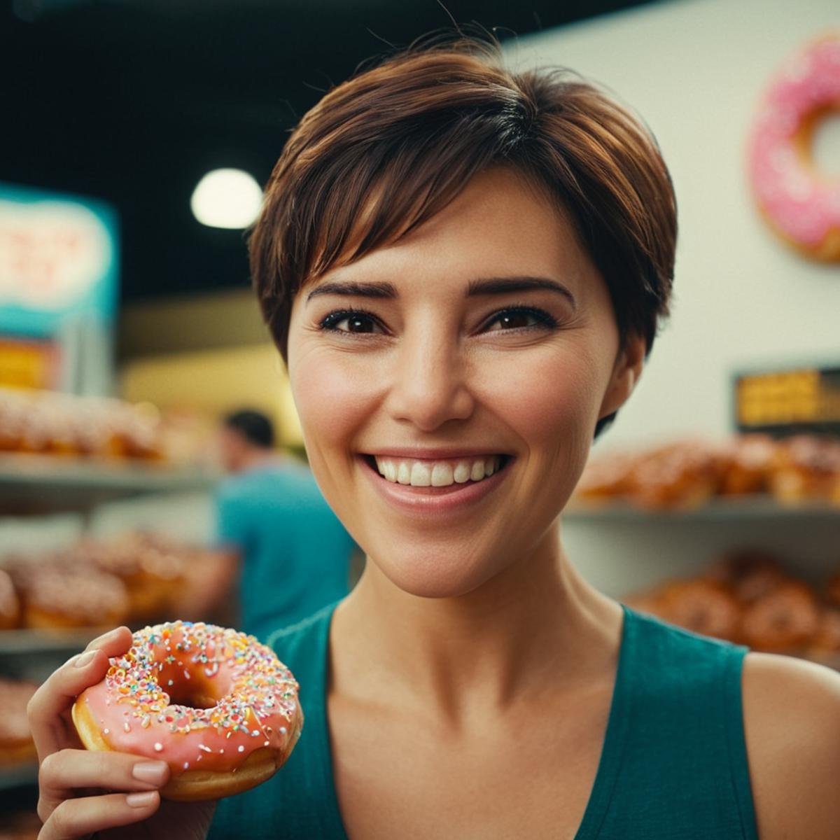 cinematic film still of  <lora:hon3y2 v2:1> hon3y2 <lora:eyetune:0.1><lora:perfection style:0.1><lora:detailed:0.1>happy facial expression of a happy short hair milf woman smiling in a store with a donut in her hand, movie themed, sharp, detailed skin, epic cinematic photography, artistic, creative, wrinkly face, dramatic lighting style, cinematic color style, Kodak film style, skin pore, emotional style, gustier style, facial expression style, happy facial style, 1girl, solo, looking at viewer, smile, short hair, brown hair, brown eyes, teeth, indoors, grin, portrait, realistic, blurry, asian, shallow depth of field, vignette, highly detailed, high budget, bokeh, cinemascope, moody, epic, gorgeous, film grain, grainy