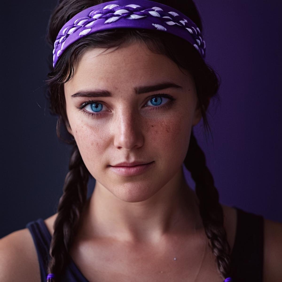 cinematic film still of  <lora:hon3y2 v2:1> hon3y2 <lora:eyetune:0.1><lora:perfection style:0.1><lora:detailed:0.1>neutral facial expression of a woman with a black top and a purple headband, movie themed, sharp, detailed skin, epic cinematic photography, artistic, creative, wrinkly face, dramatic lighting style, cinematic color style, Kodak film style, skin pore, emotional style, gustier style, facial expression style, neutral facial style, 1girl, solo, looking at viewer, blue eyes, black hair, jewelry, earrings, portrait, realistic, simple background, 1boy, braid, male focus, blood, freckles, photorealistic, sad smile,, shallow depth of field, vignette, highly detailed, high budget, bokeh, cinemascope, moody, epic, gorgeous, film grain, grainy