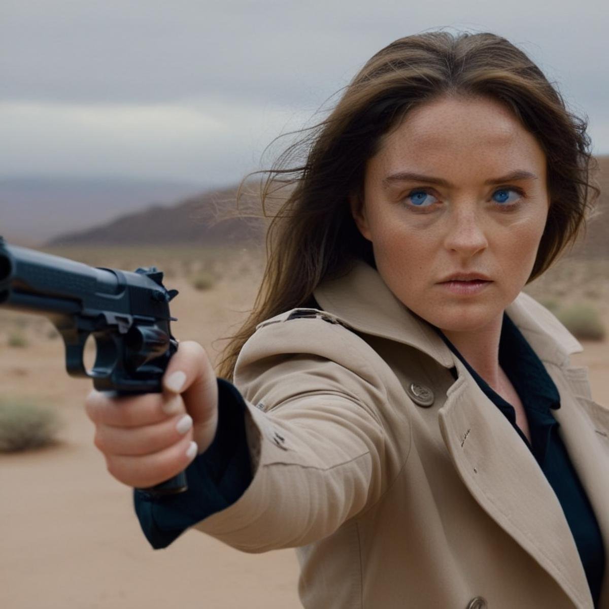 cinematic film still of  <lora:Krissy Lynn:1.2><lora:PerfectEyesXL:1> (blue_eyes) <lora:Cinematic Film:1>a woman in a trench coat aiming a desert eagle gun Cinematic Film Style , shallow depth of field, vignette, highly detailed, high budget, bokeh, cinemascope, moody, epic, gorgeous, film grain, grainy