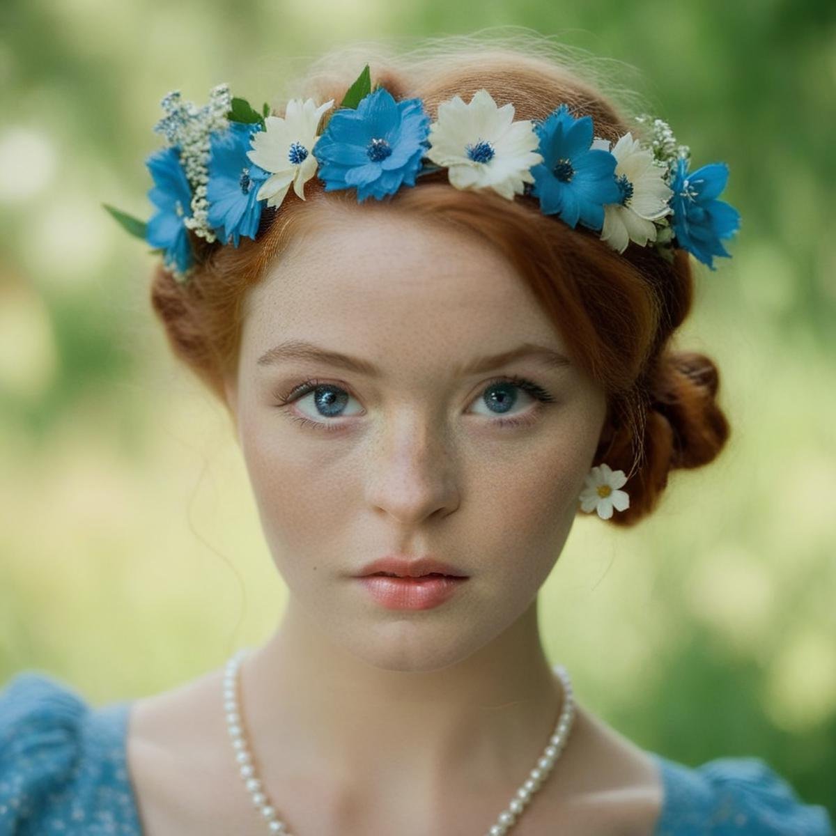 cinematic film still of  <lora:Krissy Lynn:1.2><lora:PerfectEyesXL:1> (blue_eyes) <lora:Retro:1>a woman with a flower in her hair and freckles on hair face and body retro style, shallow depth of field, vignette, highly detailed, high budget, bokeh, cinemascope, moody, epic, gorgeous, film grain, grainy