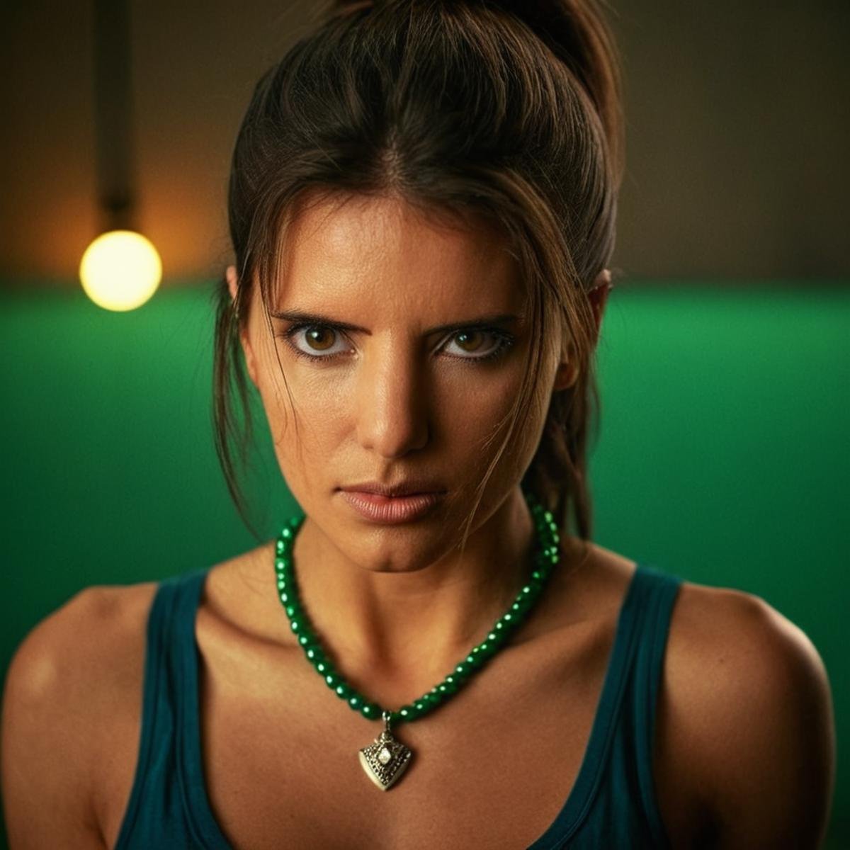 cinematic film still of <lora:gloryonthegram:1.1> gloryonthegram<lora:eyetune:0.1><lora:perfection style:0.1><lora:detailed:0.1><lora:facial expression style v2:0.1>angry facial expression of a serious woman with a green necklace on her neck staring at cam, movie themed, sharp, detailed skin, epic cinematic photography, artistic, creative, wrinkly face, dramatic lighting style, cinematic color style, Kodak film style, skin pore, emotional style, gustier style, facial expression style, angry facial style, 1girl, solo, long hair, breasts, looking at viewer, brown hair, cleavage, bare shoulders, brown eyes, jewelry, medium breasts, upper body, ponytail, dark skin, necklace, dark-skinned female, tank top, injury, dirty, bruise, dirty face, pendant, shallow depth of field, vignette, highly detailed, high budget, bokeh, cinemascope, moody, epic, gorgeous, film grain, grainy