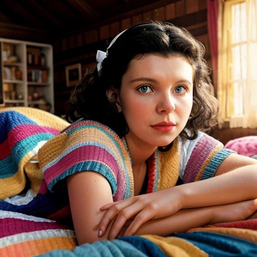 Hyperrealistic art of  <lora:Julia Larot:1.5>Julia Larot a woman laying on a retro classic multi color bed with a multi color blanket in a wooden house looking at something vintage Glamour Photography, Extremely high-resolution details, photographic, realism pushed to extreme, fine texture, incredibly lifelike