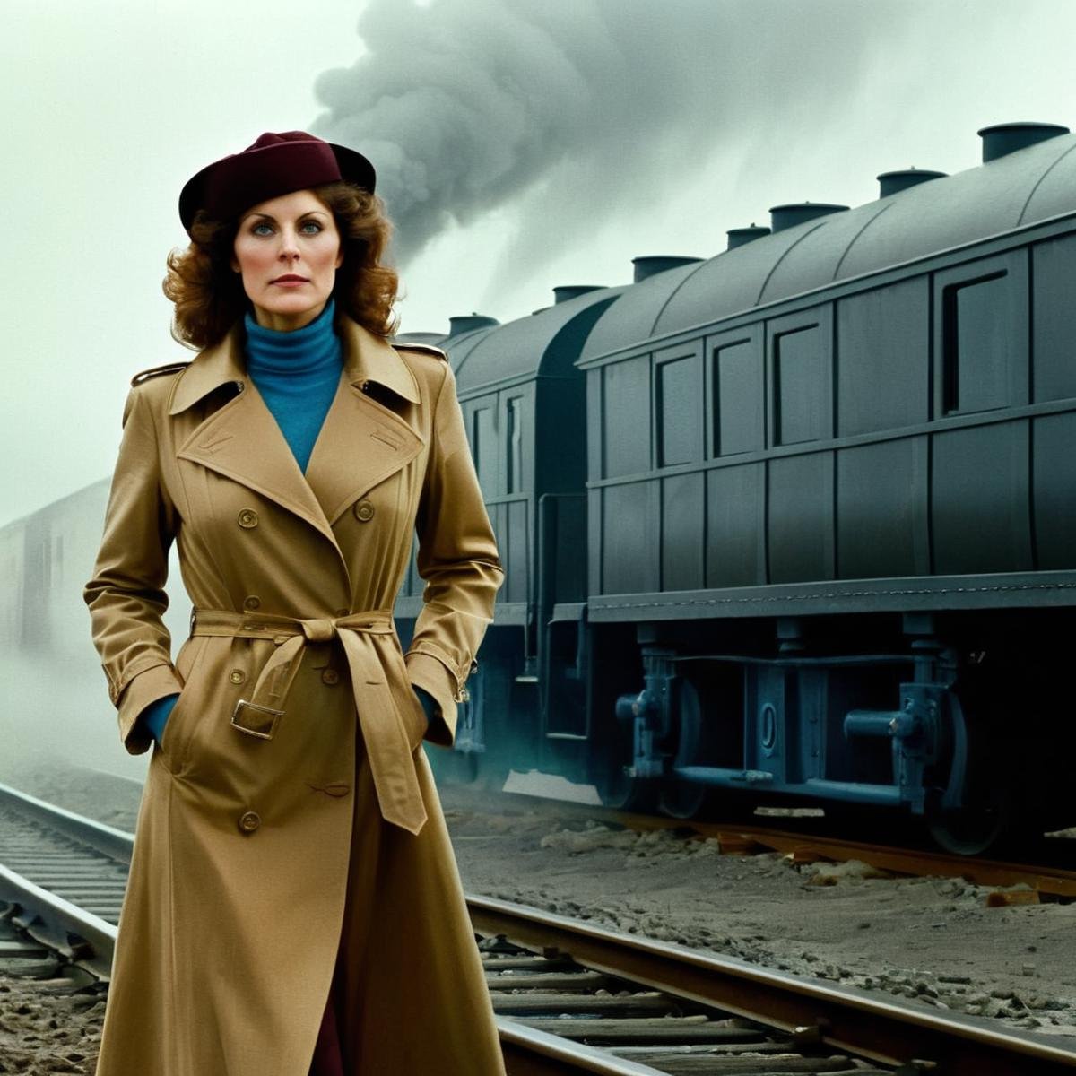 Hyperrealistic art of  <lora:Kay Parker:1>Kay ParkerPerfect Detailed Innocent Looking EpicEpic Creative Scene a woman in a trench coat standing next to a fog train on a track Cinematic Hollywood Film Style<lora:Cinematic Hollywood Film:1>, Extremely high-resolution details, photographic, realism pushed to extreme, fine texture, incredibly lifelike