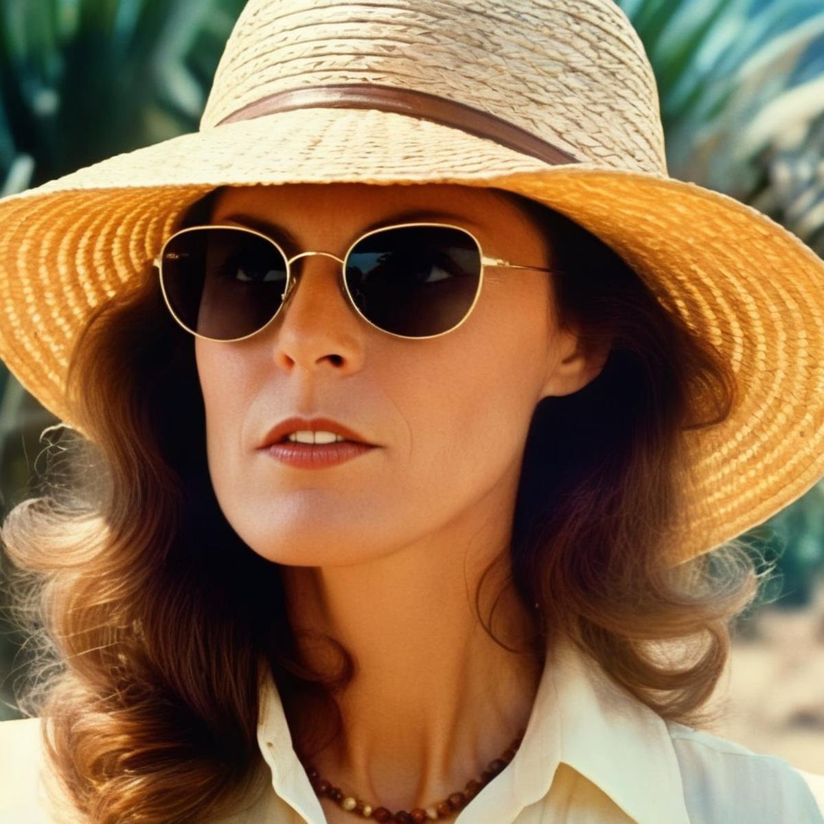 Hyperrealistic art of  <lora:Kay Parker:1>Kay ParkerPerfect Detailed Innocent Looking EpicEpic Creative Scene a retro woman wearing a straw hat and sunglasses Cinematic Hollywood Film Style<lora:Cinematic Hollywood Film:1>, Extremely high-resolution details, photographic, realism pushed to extreme, fine texture, incredibly lifelike