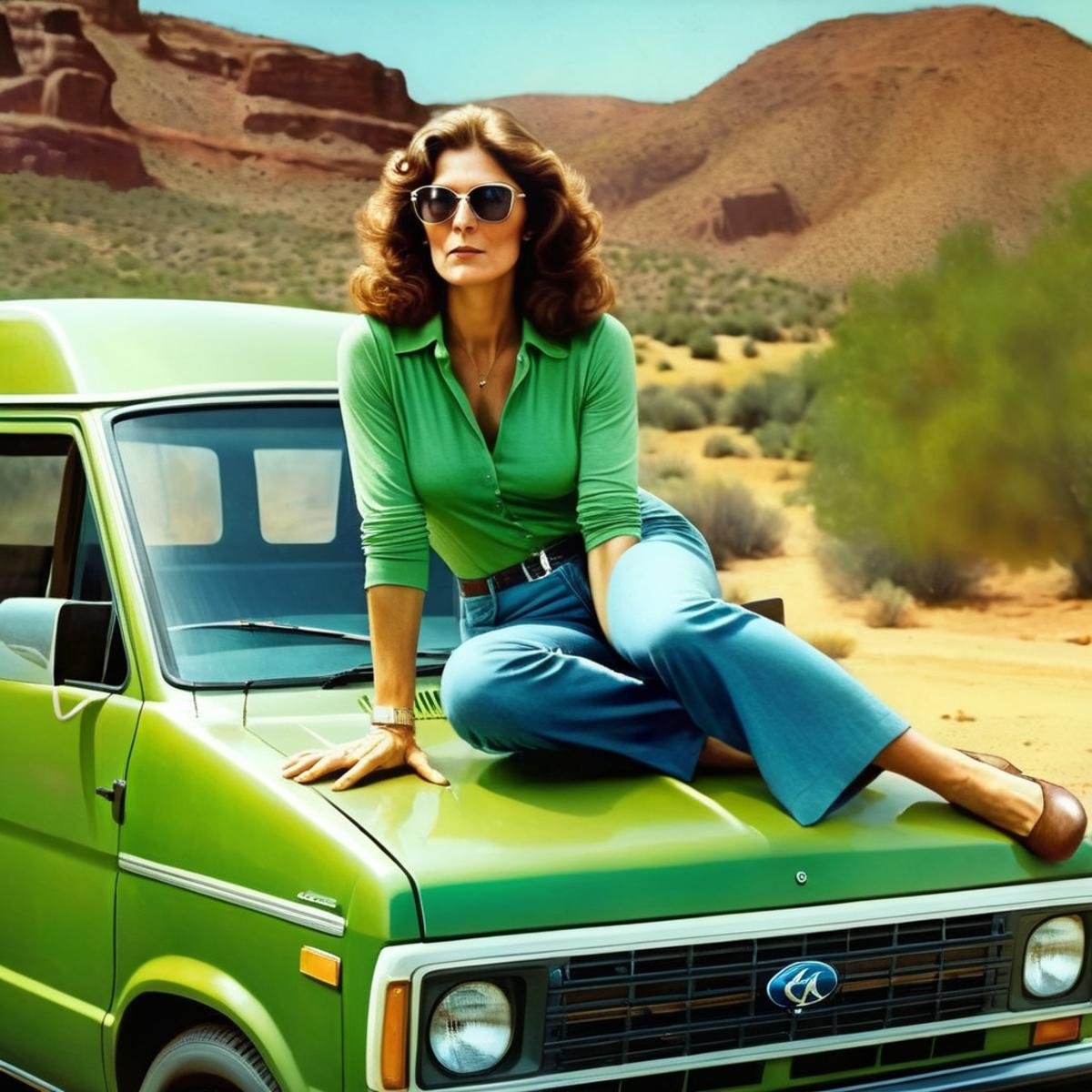 Hyperrealistic art of  <lora:Kay Parker:1>Kay ParkerPerfect Detailed Innocent Looking EpicEpic Creative Scene a 1970's woman with sunglasses sitting on the hood of a green van Cinematic Hollywood Film Style<lora:Cinematic Hollywood Film:1>, Extremely high-resolution details, photographic, realism pushed to extreme, fine texture, incredibly lifelike