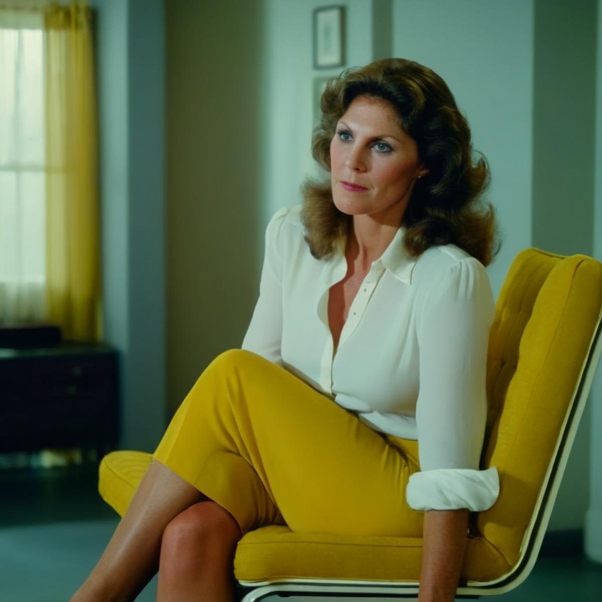 cinematic film still of  <lora:Kay Parker:1> Kay Parker <lora:cinematic vintage film:1>a woman with a white shirt and a yellow chair cinematic vintage film style, shallow depth of field, vignette, highly detailed, high budget, bokeh, cinemascope, moody, epic, gorgeous, film grain, grainy