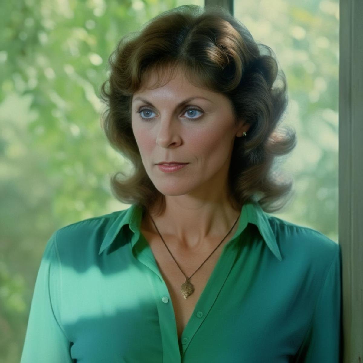 Hyperrealistic art of  <lora:Kay Parker:1>Kay ParkerPerfect Detailed Innocent Looking EpicEpic Creative Scene a 1980's short hair woman with a blue shirt and a green shirt Cinematic Hollywood Film Style<lora:Cinematic Hollywood Film:1>, Extremely high-resolution details, photographic, realism pushed to extreme, fine texture, incredibly lifelike