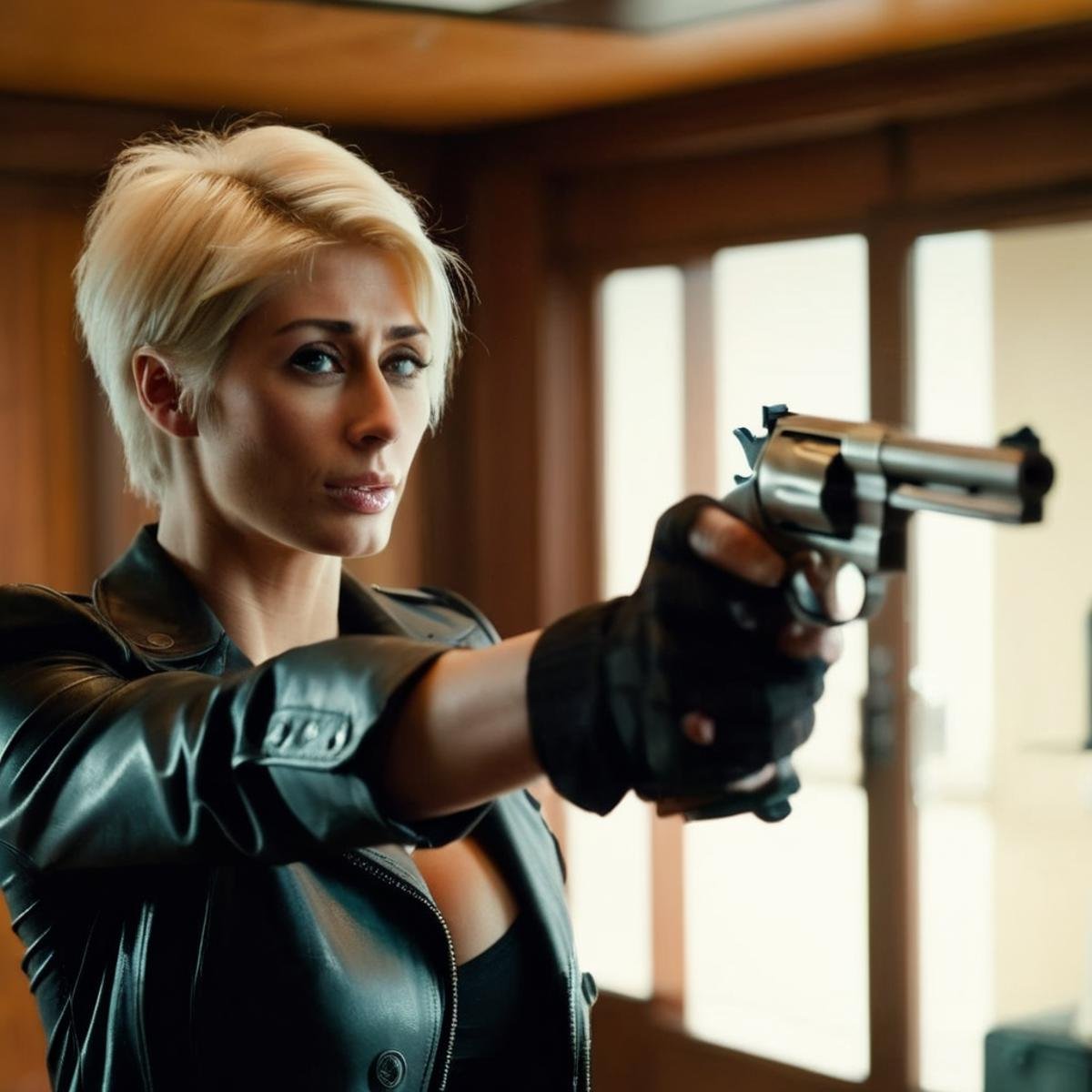 cinematic film still of  <lora:Marie Claude Bourbonnais:1.2> Marie Claude Bourbonnaisa woman aiming a colt_gun in a room Cinematic Film Style, shallow depth of field, vignette, highly detailed, high budget, bokeh, cinemascope, moody, epic, gorgeous, film grain, grainy