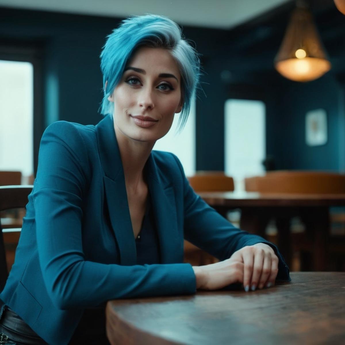 cinematic film still of  <lora:Marie Claude Bourbonnais:1.2> Marie Claude Bourbonnaisa woman with blue hair sitting at a table Cinematic Film Style, shallow depth of field, vignette, highly detailed, high budget, bokeh, cinemascope, moody, epic, gorgeous, film grain, grainy