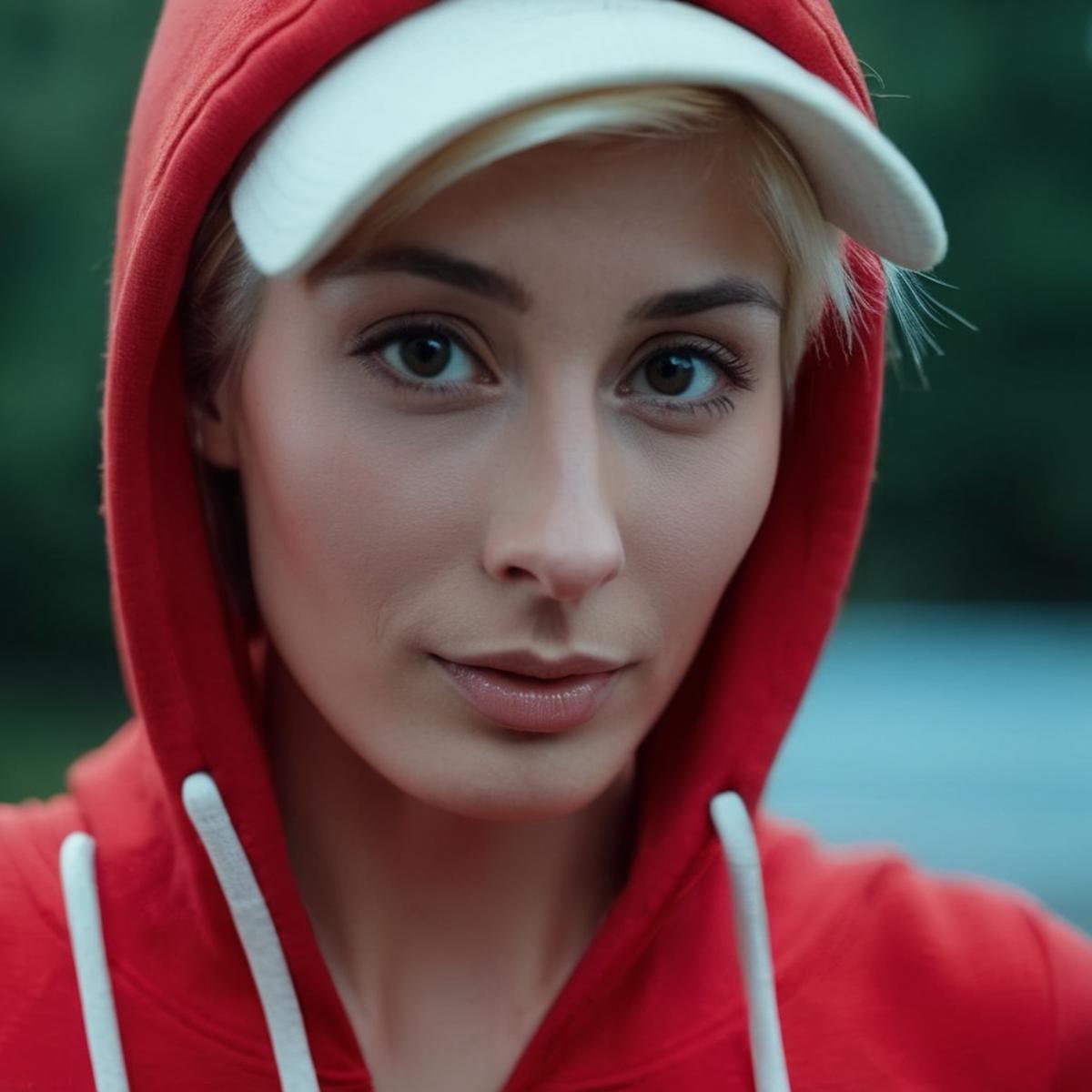 cinematic film still of  <lora:Marie Claude Bourbonnais:1.2> Marie Claude Bourbonnaisa woman in a red hoodie looks at the camera Cinematic Film Style, shallow depth of field, vignette, highly detailed, high budget, bokeh, cinemascope, moody, epic, gorgeous, film grain, grainy