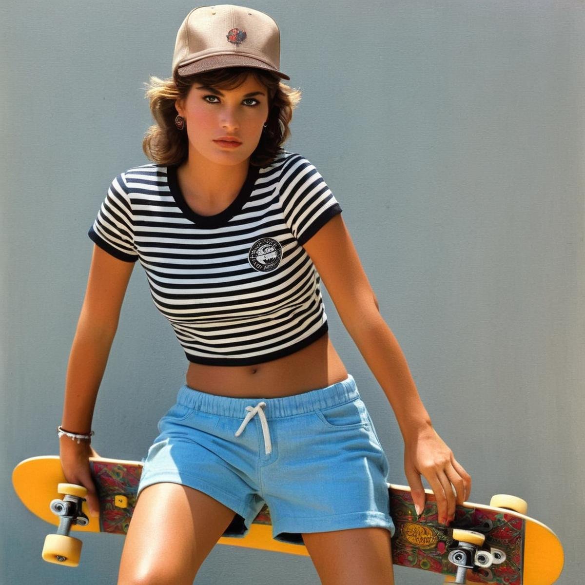 Hyperrealistic art of  <lora:Anna Ventura:1.2> Anna VenturaPerfect Detailed Innocent Looking Epica woman in a striped shirt is on a skateboard retro style <lora:Retro:1>, Extremely high-resolution details, photographic, realism pushed to extreme, fine texture, incredibly lifelike