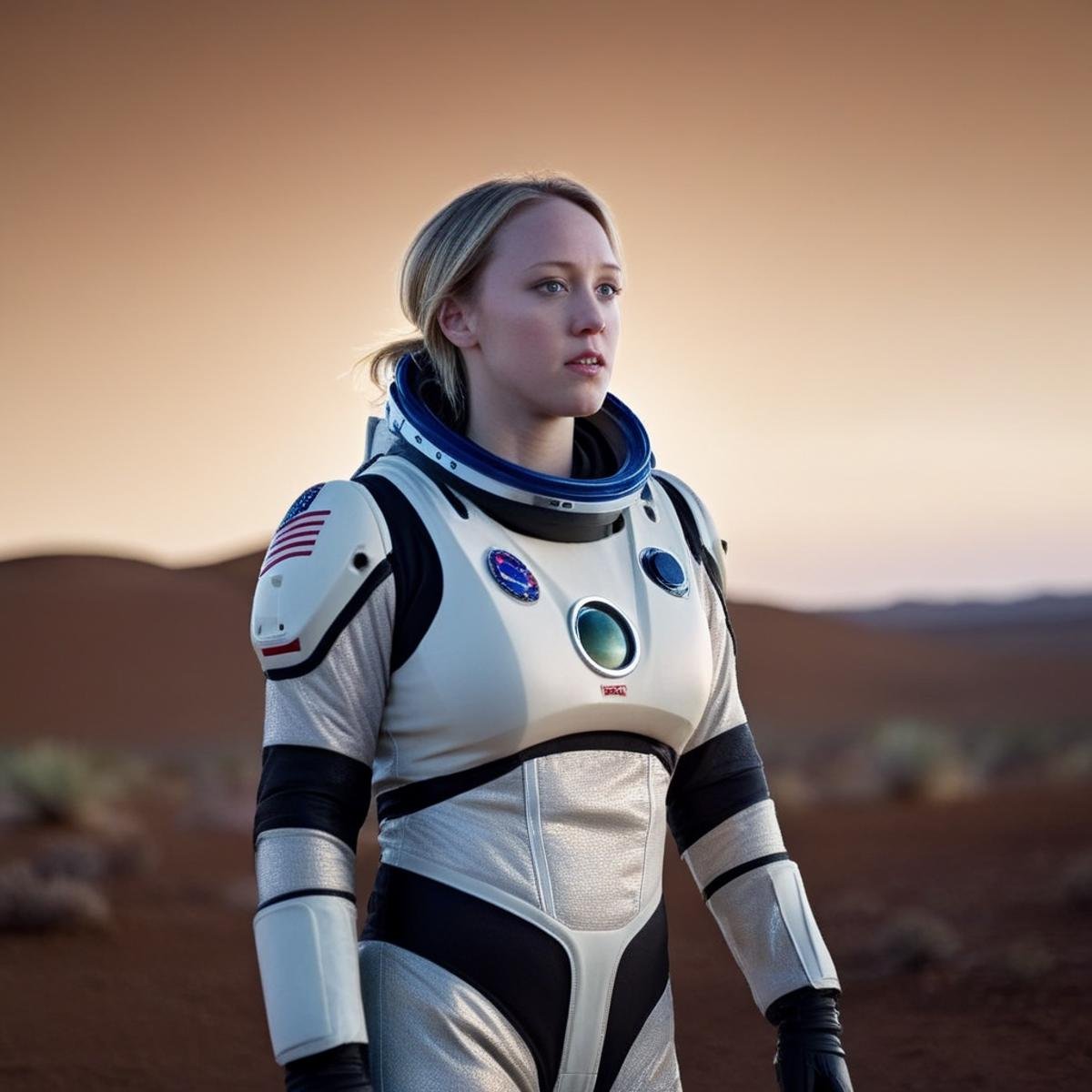 cinematic film still of  <lora:Kagney Linn Karter-000002:1>Kagney Linn Karter <lora:Cinematic Film:1>a woman in a space suit standing in a desert Cinematic Film Style, shallow depth of field, vignette, highly detailed, high budget, bokeh, cinemascope, moody, epic, gorgeous, film grain, grainy