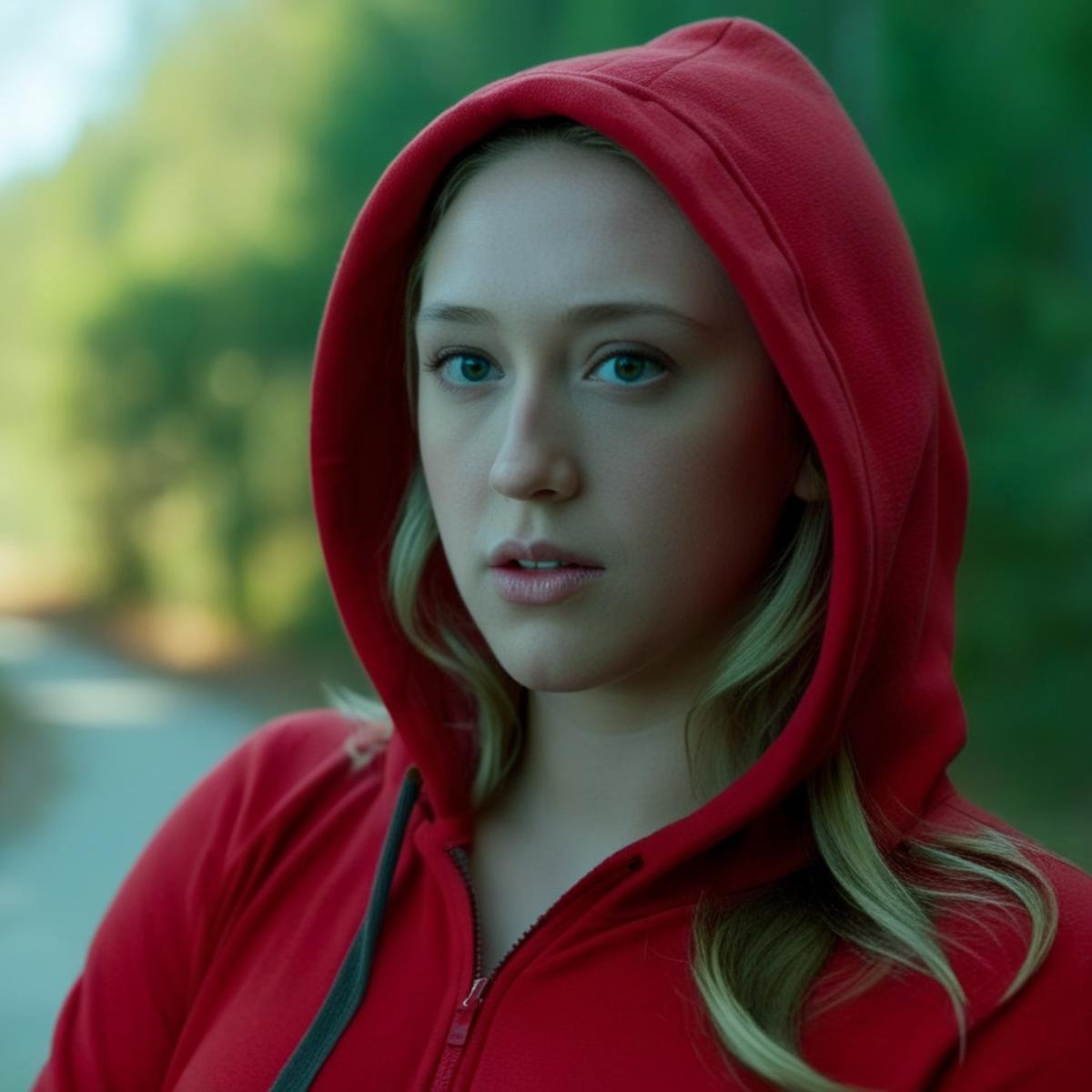 cinematic film still of  <lora:Kagney Linn Karter-000002:1>Kagney Linn Karter <lora:Cinematic Film:1>a woman in a red hoodie looks at the camera Cinematic Film Style, shallow depth of field, vignette, highly detailed, high budget, bokeh, cinemascope, moody, epic, gorgeous, film grain, grainy