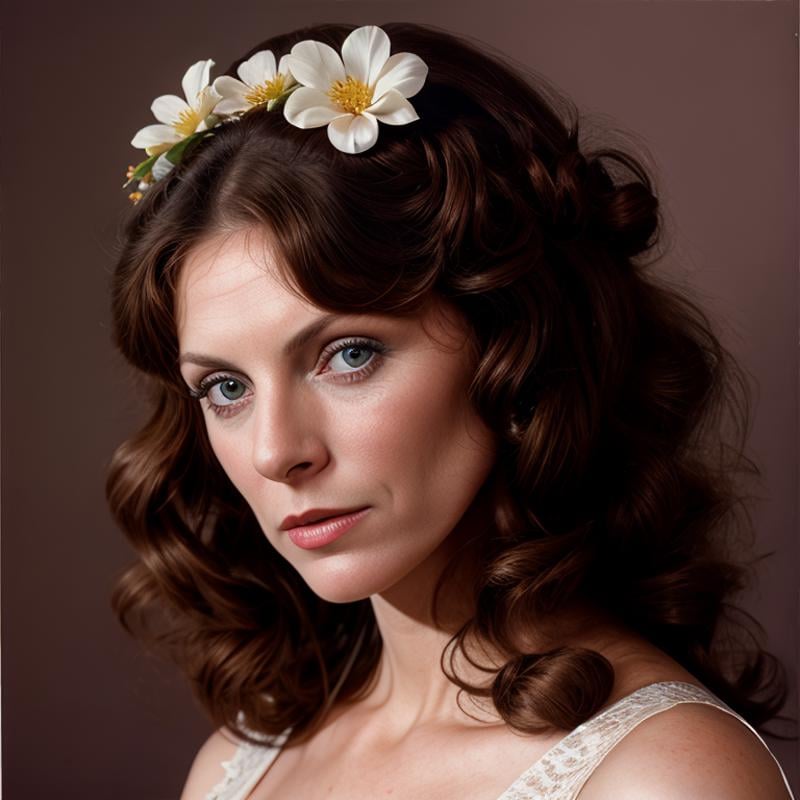 Hyperrealistic art of  <lora:Kay Parker SD1.5:1.2> Kay Parkera woman with a flower in her hair retro style, Extremely high-resolution details, photographic, realism pushed to extreme, fine texture, incredibly lifelike