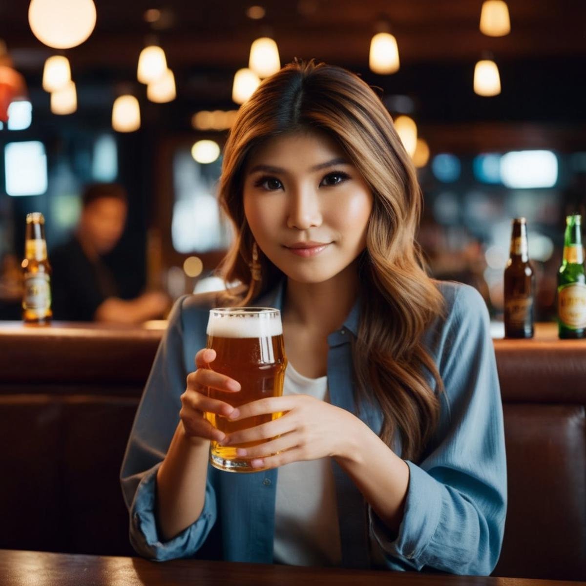 cinematic film still of  <lora:Naomi Wu:1.2>Naomi Wu a woman holding a beer glass in a restaurant Instagram model, shallow depth of field, vignette, highly detailed, high budget, bokeh, cinemascope, moody, epic, gorgeous, film grain, grainy