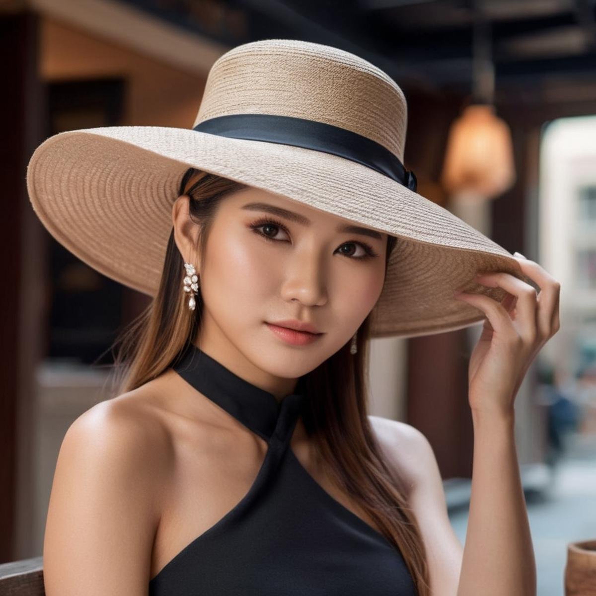 Hyperrealistic art of  <lora:Naomi Wu:1.2>Naomi Wu a woman in a hat and dress posing for a picture Instagram model, Extremely high-resolution details, photographic, realism pushed to extreme, fine texture, incredibly lifelike