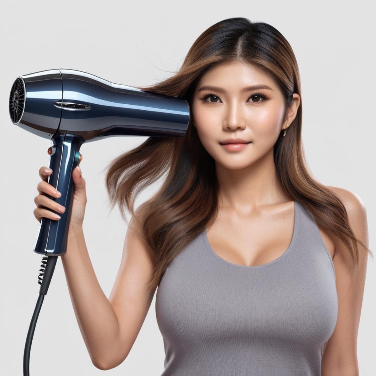 Hyperrealistic art of  <lora:Naomi Wu:1.2>Naomi Wu a woman in a gray top holding a hair dryer Instagram model, Extremely high-resolution details, photographic, realism pushed to extreme, fine texture, incredibly lifelike