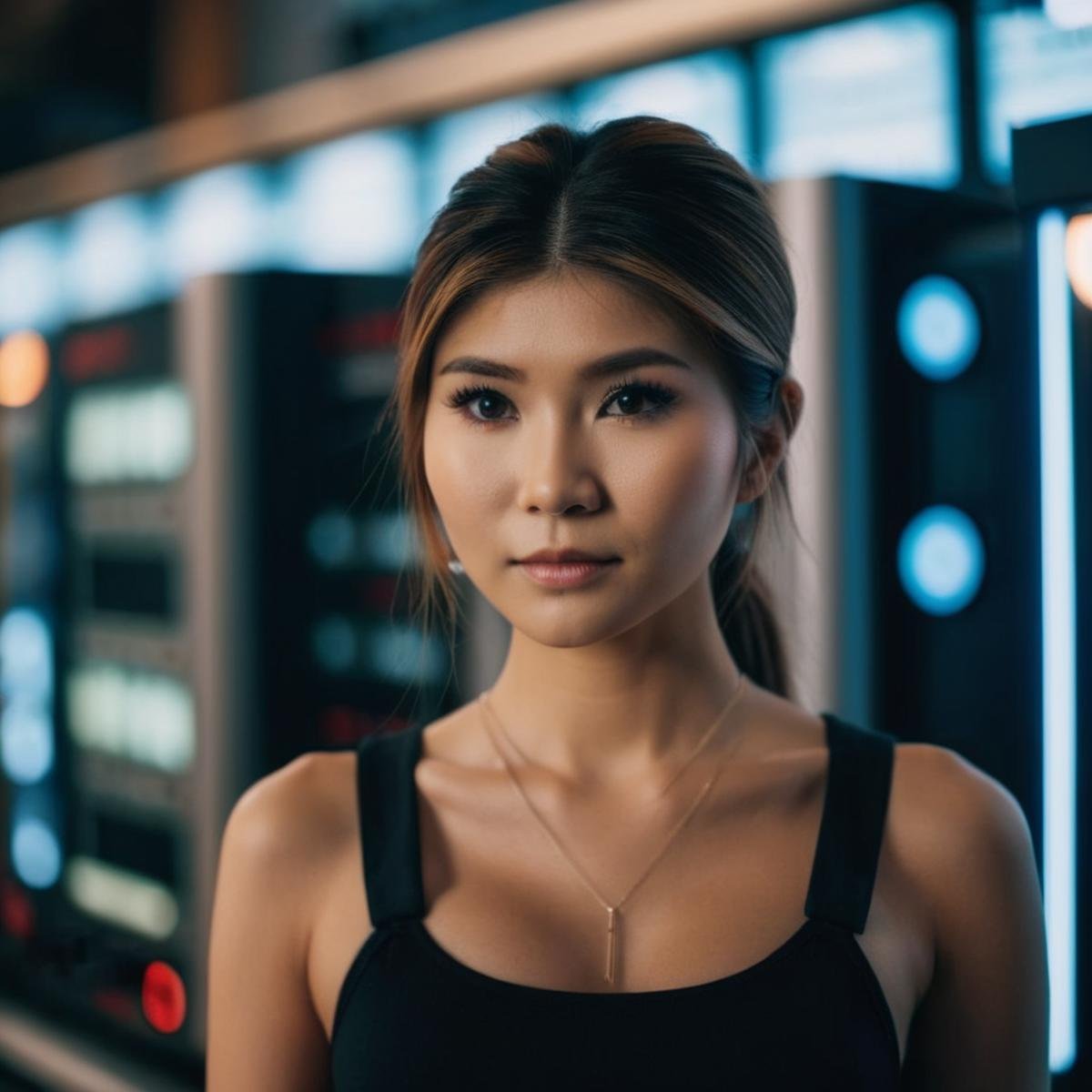 cinematic film still of  <lora:Naomi Wu:1.2>Naomi Wu a woman standing in front of a machine Instagram model, shallow depth of field, vignette, highly detailed, high budget, bokeh, cinemascope, moody, epic, gorgeous, film grain, grainy