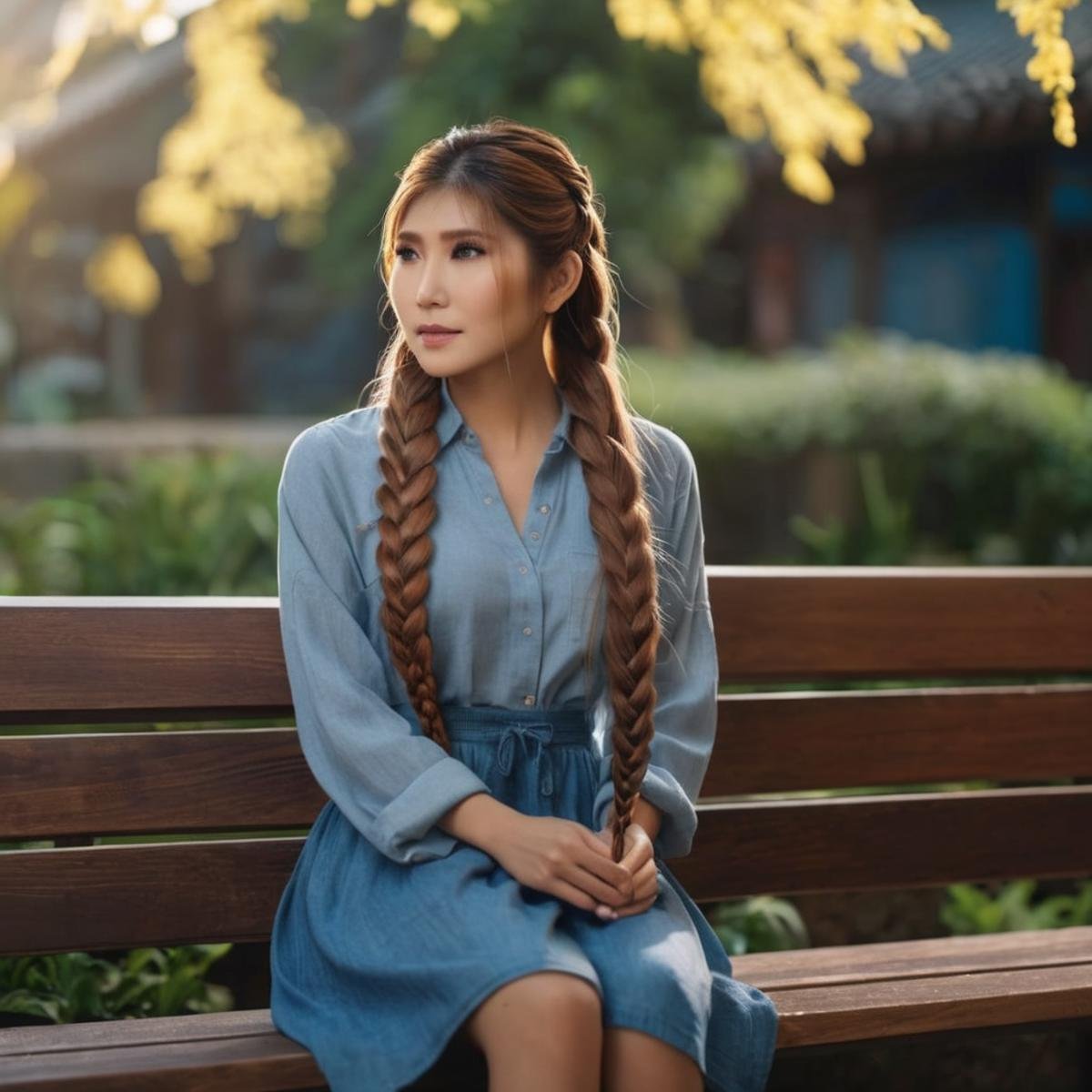 UHD, 4k, ultra detailed, cinematic, a photograph of  <lora:Naomi Wu:1.2>Naomi Wu a woman with a long braid sitting on a bench Instagram model, epic, beautiful lighting, inpsiring