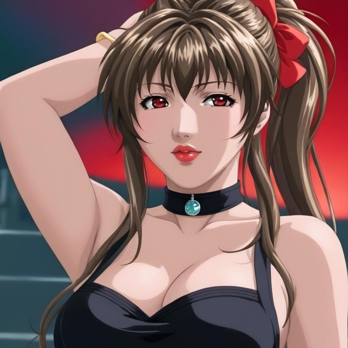 anime artwork of <lora:Mai Shiranui:1.2> Mai_Shiranui:0.5a hot woman with red lipstick in a black dress posing for a picture Hyperrealism Style, anime style, key visual, vibrant, studio anime,  highly detailed