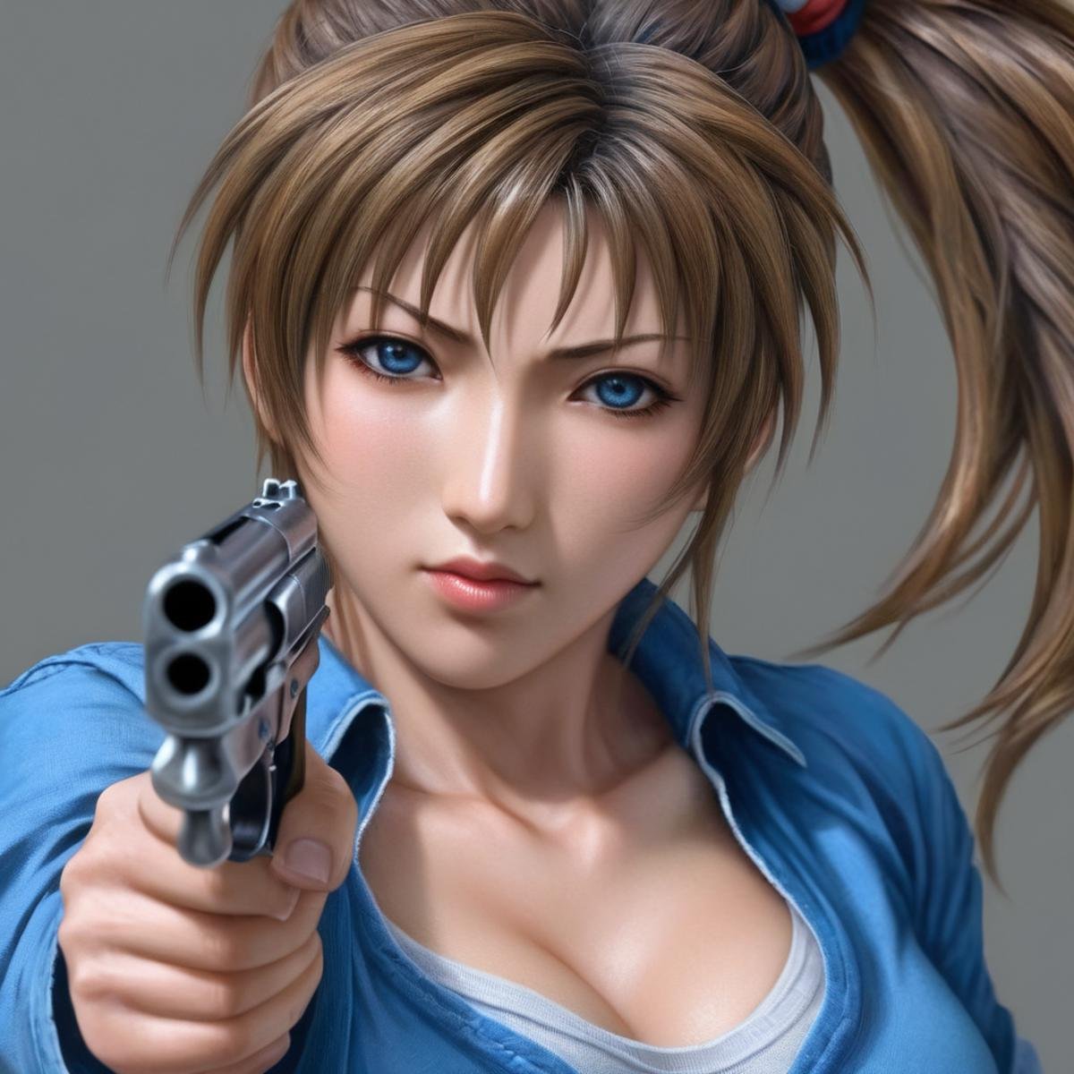 Hyperrealistic art of <lora:Mai Shiranui:1.2> Mai_Shiranui:0.5a woman in a blue top holding a gun Hyperrealism Style, Extremely high-resolution details, photographic, realism pushed to extreme, fine texture, incredibly lifelike