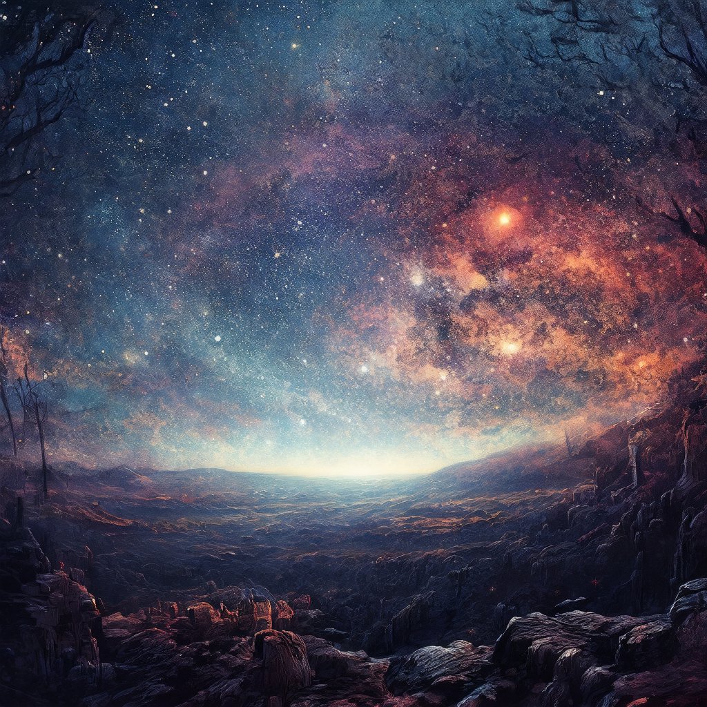 Dawn, intricate, recognizing the land, into the forest, only light of the stars, wonderful sky, view from the low, deep background, cinematic light. dynamic light,noc-space