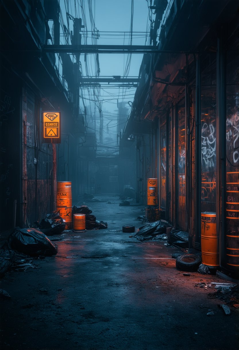 Create a high-resolution image in the style of Cyberpunk 2077, depicting a dystopian, nocturnal scene in a futuristic alleyway. The setting features neon lights illuminating industrial equipment, computer servers, and steel beams. The concrete floor is littered with abandoned tires and trash bags, covered in graffiti reflecting urban neglect. The atmosphere is foggy and overcast, with heavy shadows and a cool color palette of blue and orange. Metallic surfaces are highly textured with ambient occlusion, and electrical cables hang low, alongside caution signs and glowing screens. The alleyway shows signs of plant overgrowth and rusted barrels, with moody lighting and subtle lens flares enhancing the post-apocalyptic vibe. The scene is rich in environmental storytelling, capturing the essence of atmospheric pollution and the impact of artificial intelligence in a dimly lit, industrial architecture setting.,masterpiece,best quality,4k resolution,highly detailed,cyberpunk 2077 style,cyberpunk style,3d render,ultra sharp,noc-landscape