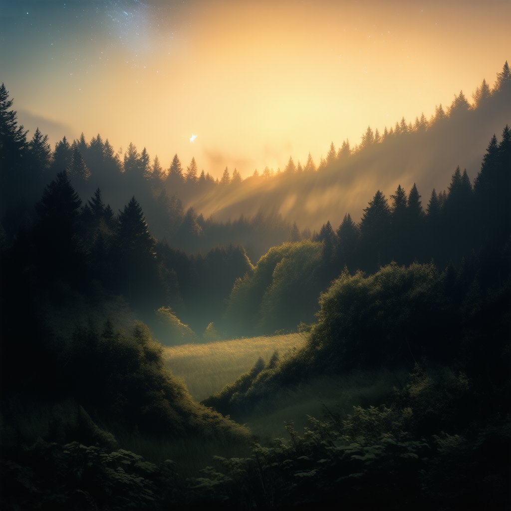 Dawn, intricate, recognizing the land, into the forest, only light of the stars, wonderful sky, view from the low, deep background, cinematic light. dynamic light