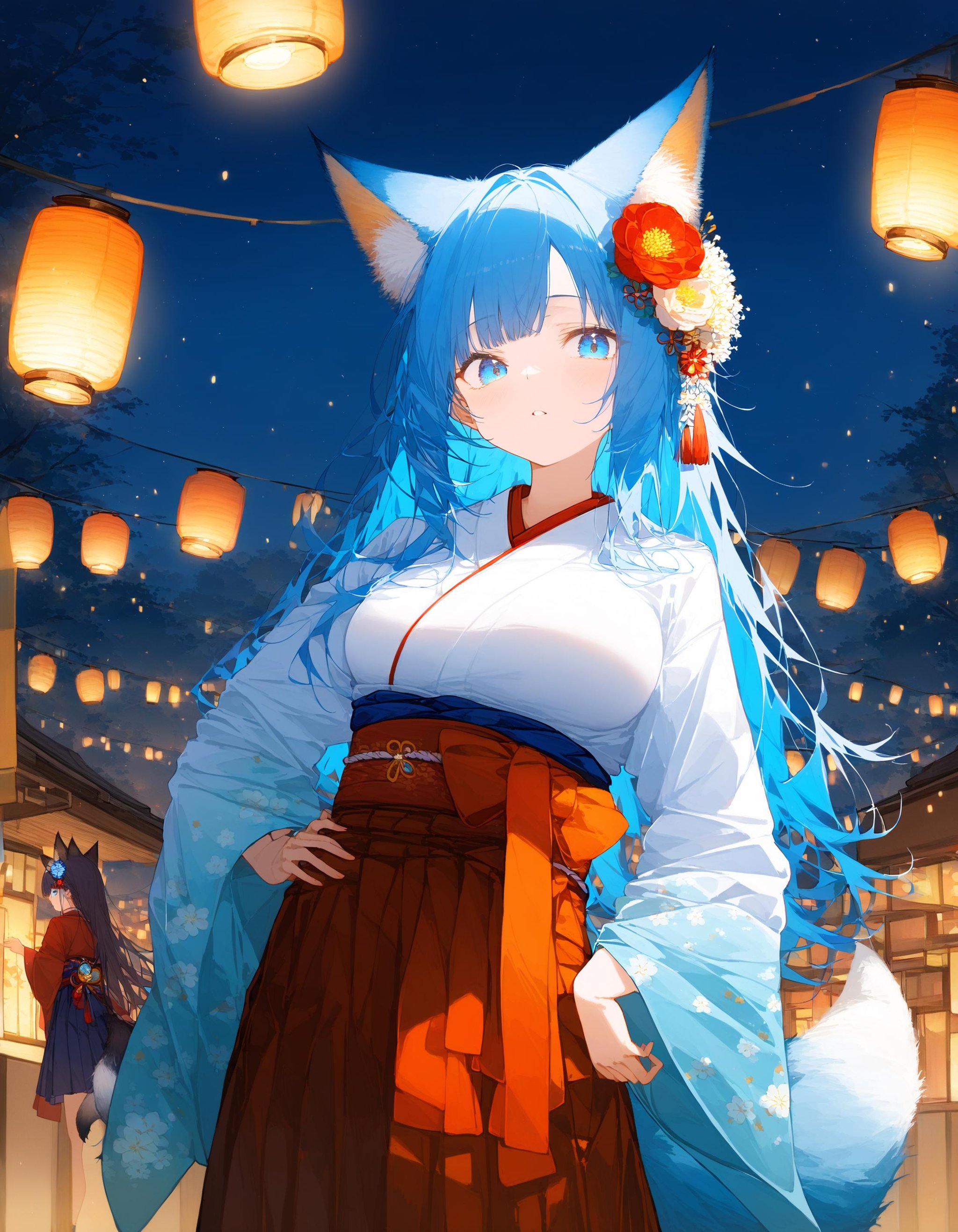 1girl, solo, long hair, breasts, looking at viewer, bangs, blue eyes, skirt, hair ornament, long sleeves, animal ears, blue hair, tail, flower, japanese clothes, hair flower, wide sleeves, kimono, hand on hip, fox ears, fox tail, fox girl, hakama, hakama skirt, lantern festival,