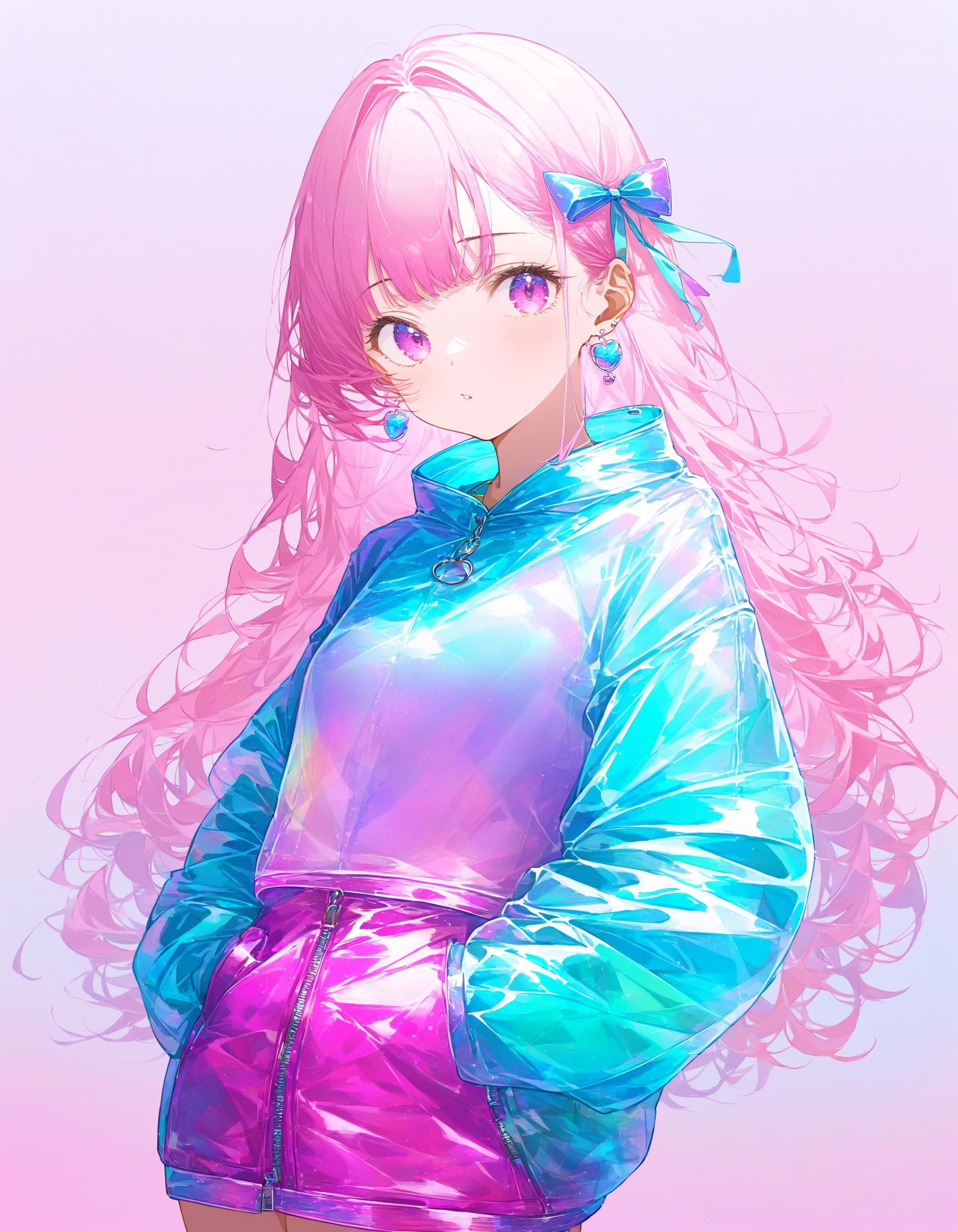 transparent color PVC clothing, transparent color vinyl clothing, prismatic, holographic, chromatic aberration, fashion illustration, masterpiece, girl with harajuku fashion, looking at viewer, 8k, ultra detailed, pixiv