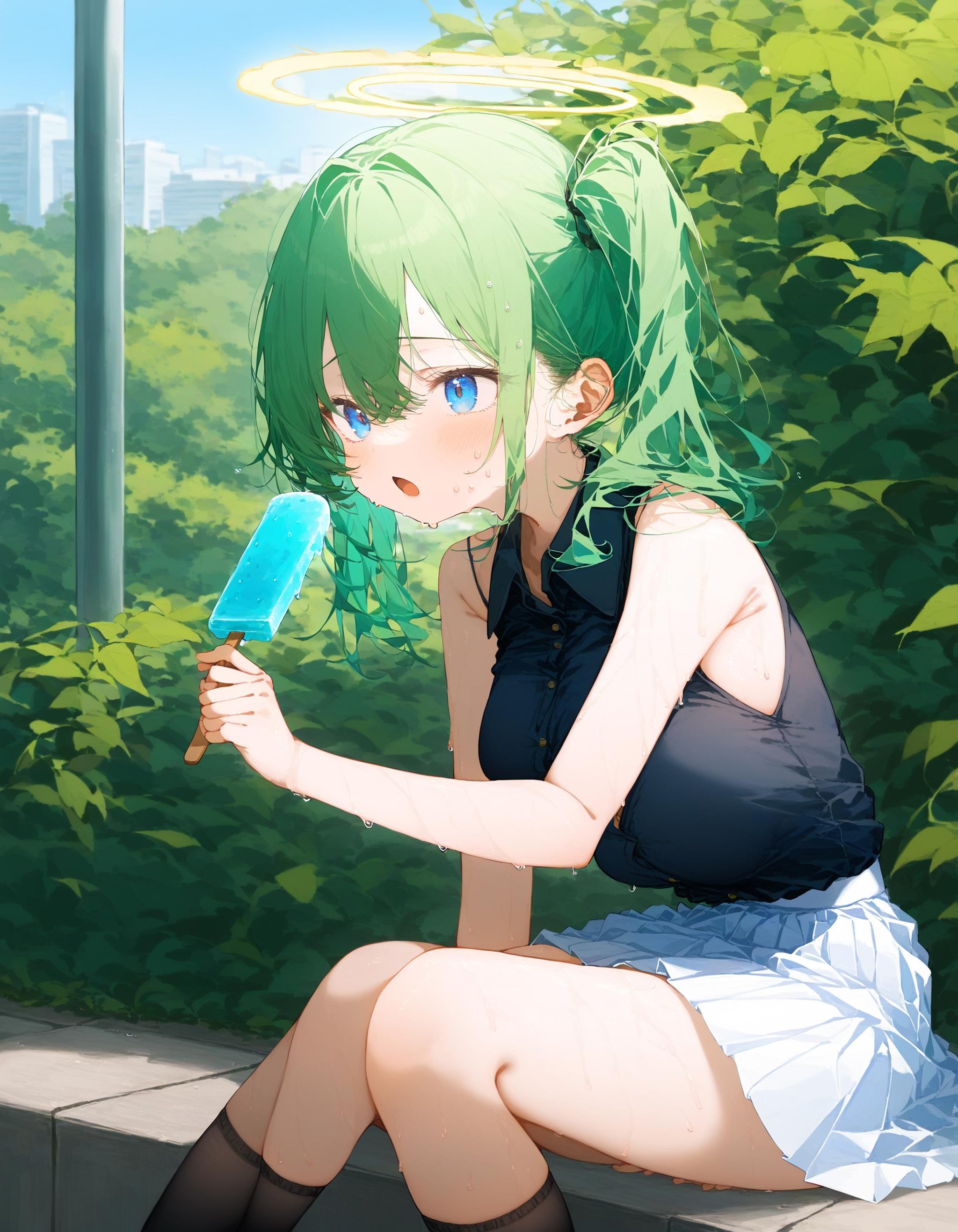 1girl, solo, breasts, open mouth, bangs, blue eyes, skirt, shirt, holding, hair between eyes, bare shoulders, twintails, medium breasts, sitting, sweat, pleated skirt, outdoors, food, green hair, sleeveless, socks, collared shirt, medium hair, side ponytail, from side, bare arms, black shirt, sleeveless shirt, halo, white skirt, holding food, black socks, popsicle