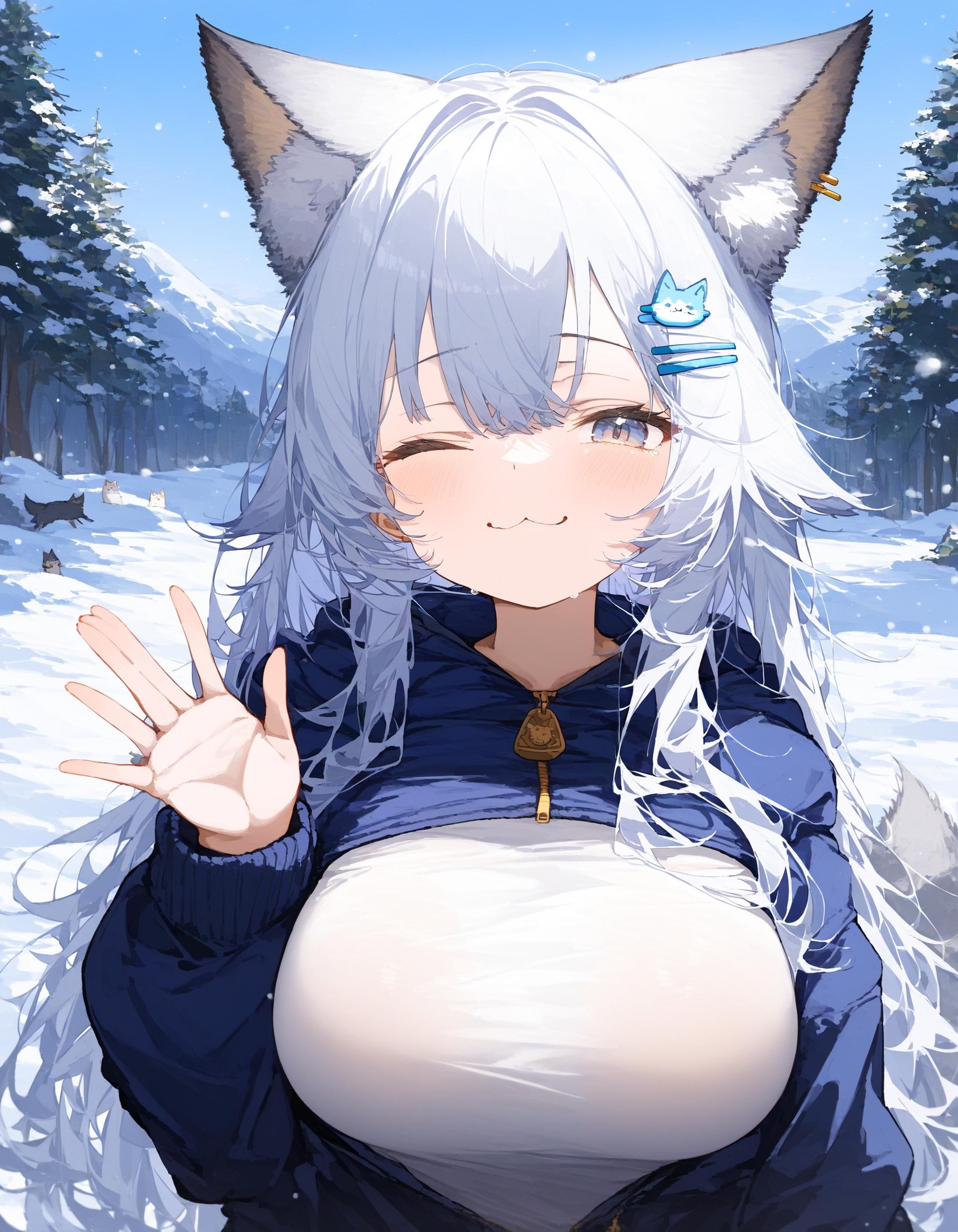 1girl, animal ears, grey eyes, hairclip, long hair, jacket, white hair, wolf ears, outdoors, snow, tail, large breasts, upper body, smug, :3, one eye closed, waving, masterpiece, best quality,