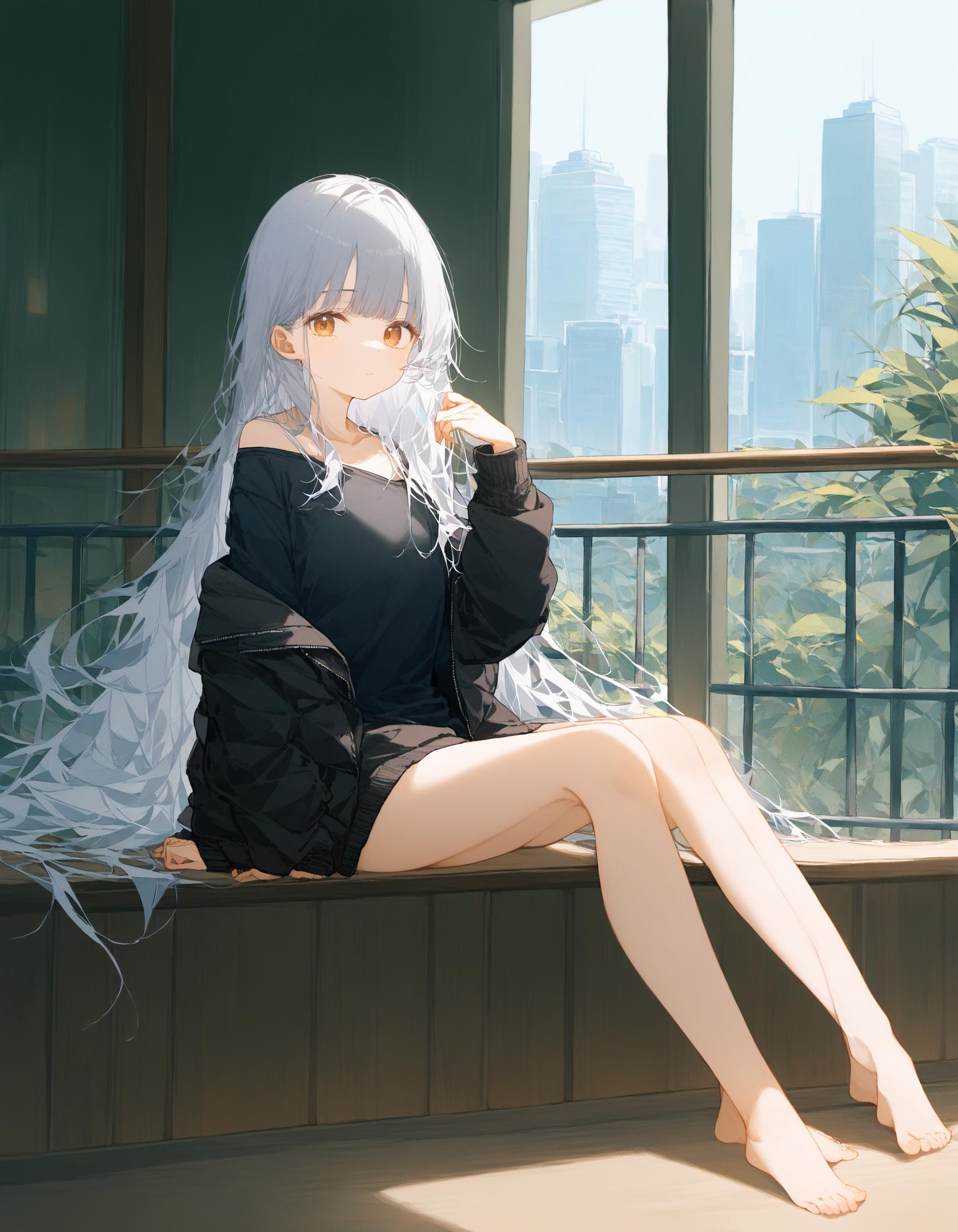 1girl, solo, long hair, looking at viewer, bangs, shirt, long sleeves, brown eyes, sitting, very long hair, closed mouth, jacket, full body, grey hair, barefoot, indoors, hand up, off shoulder, black jacket, black shirt, bare legs, railing, black sweater